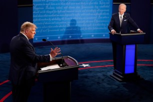 U.S. President Donald Trump speaks during the first presidential debate against former Vice President and Democratic presidential nominee Joe Biden.