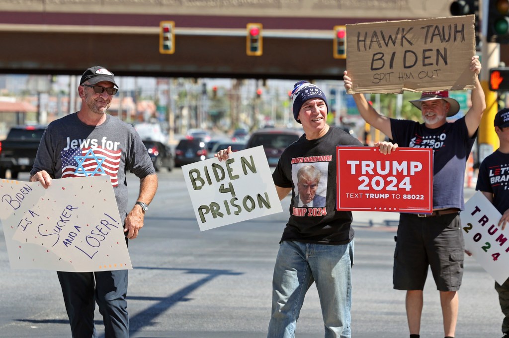 Trump supporters protest near the location where Vice President Kamala Harris is slated to speak at a post Presidential debate campaign rally, Friday, June 28, 2024, in Las Vegas.