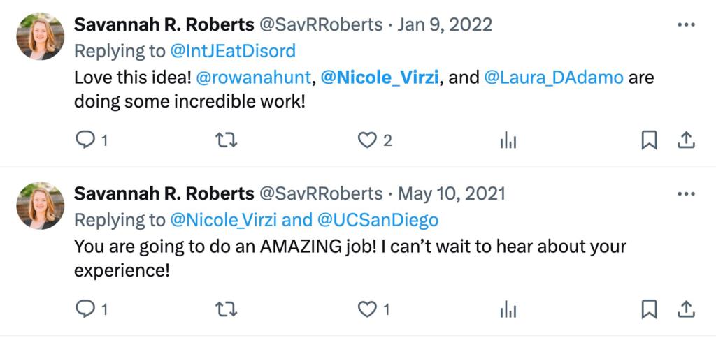 Tweets exchanged years ago with the mother of the twin babies, Savannah Roberts,  and her friend and fellow clinical psychology candidate Nicole Virzi.