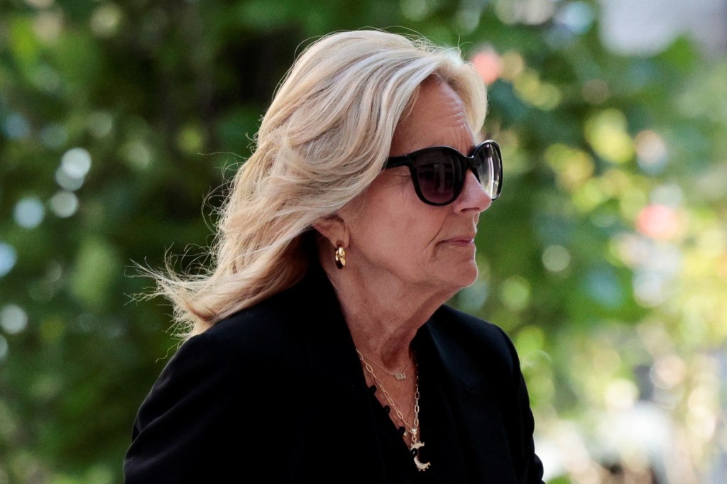 U.S. First Lady Jill Biden, wearing sunglasses and a black jacket, arriving at the federal court in Wilmington, Delaware for Hunter Biden's trial on June 10, 2024.