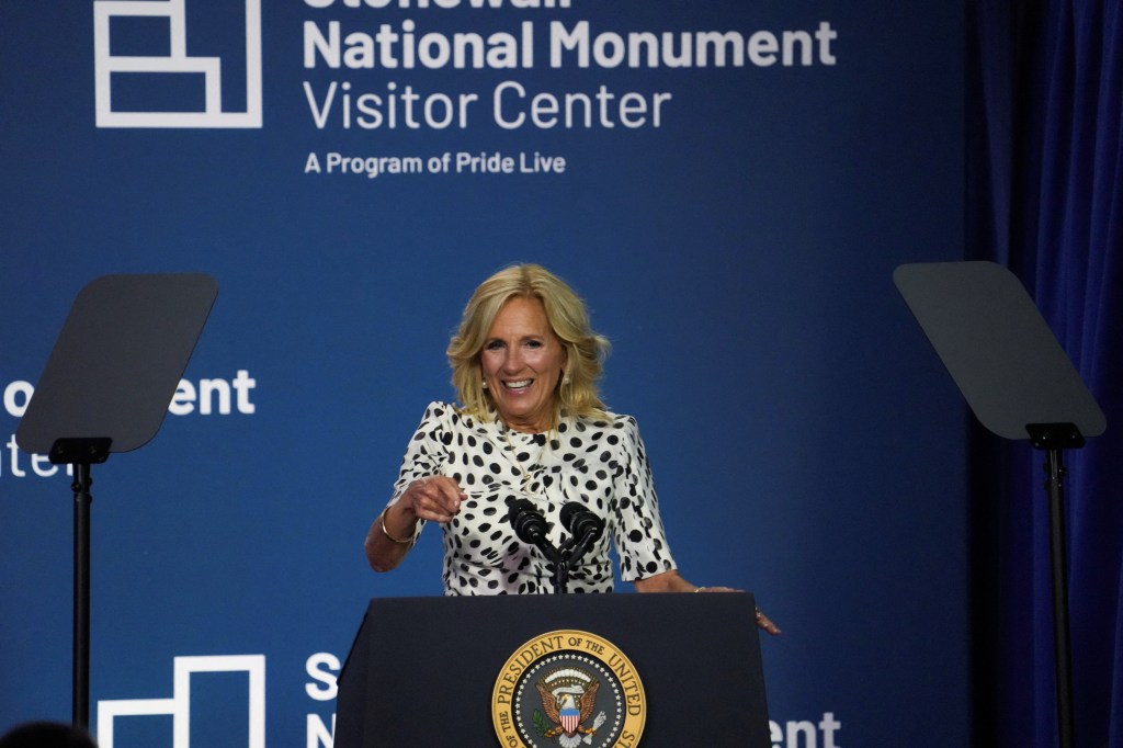 U.S. first lady Jill Biden speaks on the day of the Grand Opening Ceremony for the Stonewall National Monument Visitor Center (SNMVC), the first LGBTQIA+ visitor center within the U.S. National Park Service, in New York City, U.S., June 28, 2024