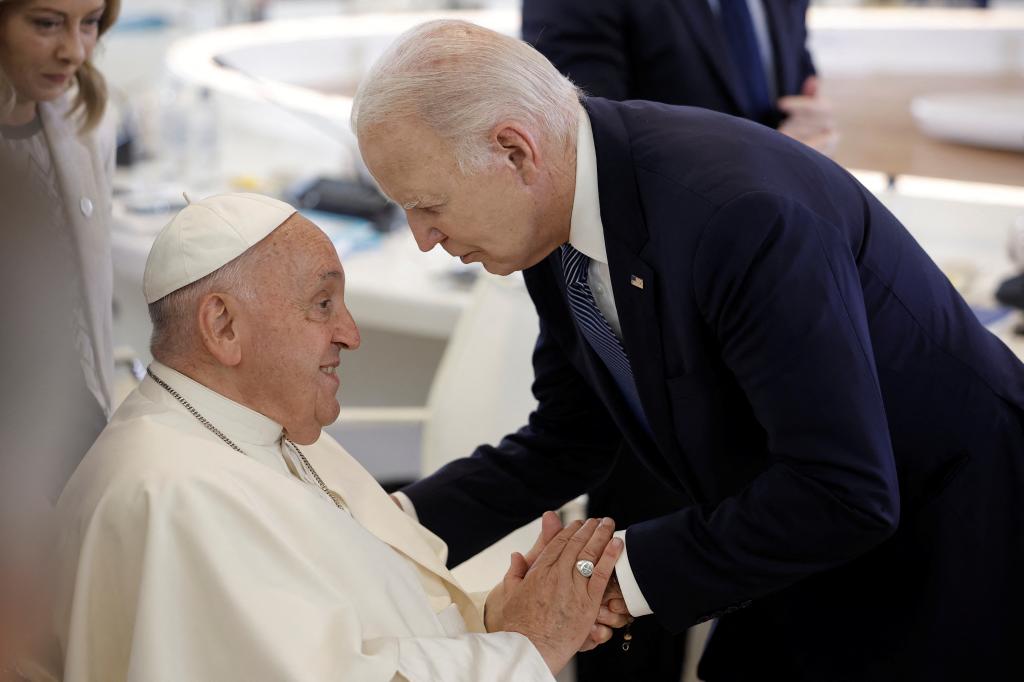 U.S. President Joe Biden and Pope Francis in discussion ahead of a session at the G7 Summit in Borgo Egnazia, Italy