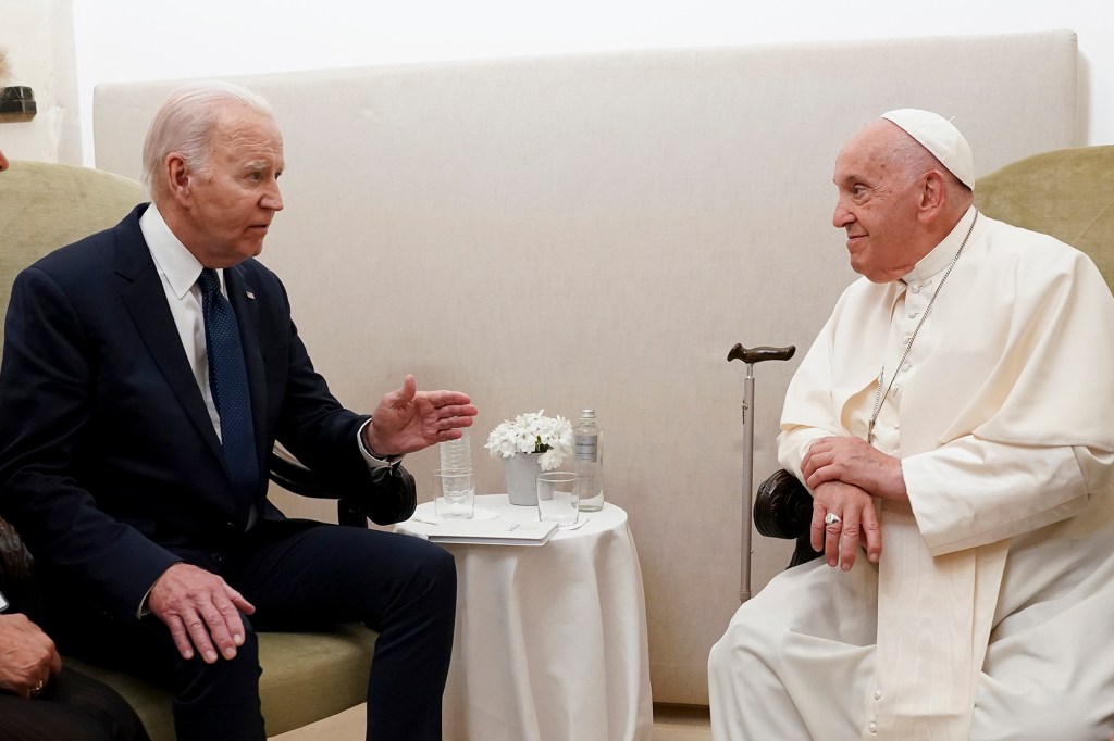 President Joe Biden meets with Pope Francis on the second day of the G7 summit at the Borgo Egnazia resort, in Savelletri, Puglia, Italy, Friday June 14, 2024