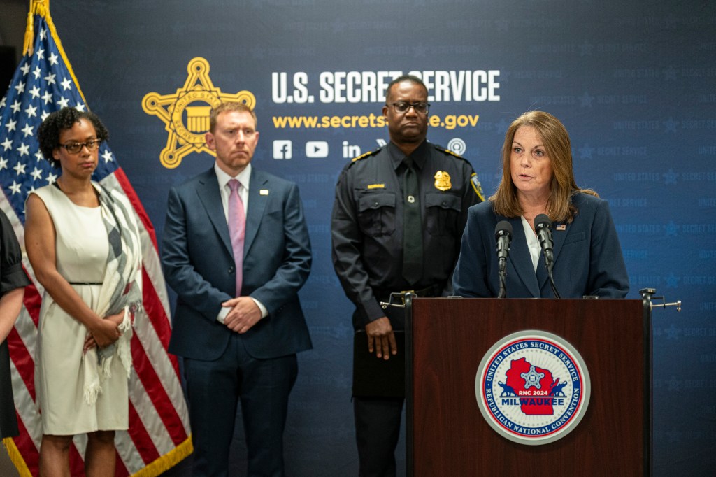 US Secret Service Director Kimberly Cheatle speaks during a RNC security news conference on Friday in Milwaukee.