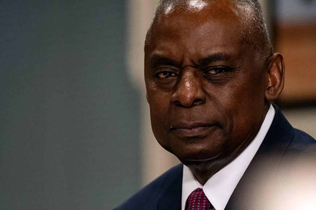 U.S. Secretary of Defense Lloyd Austin smiles as he listens to Angolan Minister of National Defense João Ernesto dos Santos speak during a meeting at the Pentagon on May 28, 2024 in Arlington, Virginia.