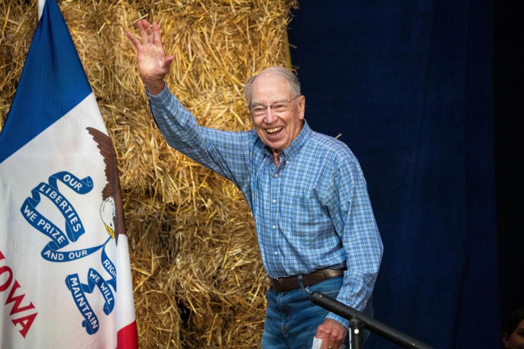 Sen. Chuck Grassley is welcomed to the stage during the annual Roast and Ride Saturday, June 1, 2024, at the Iowa State Fairgrounds.