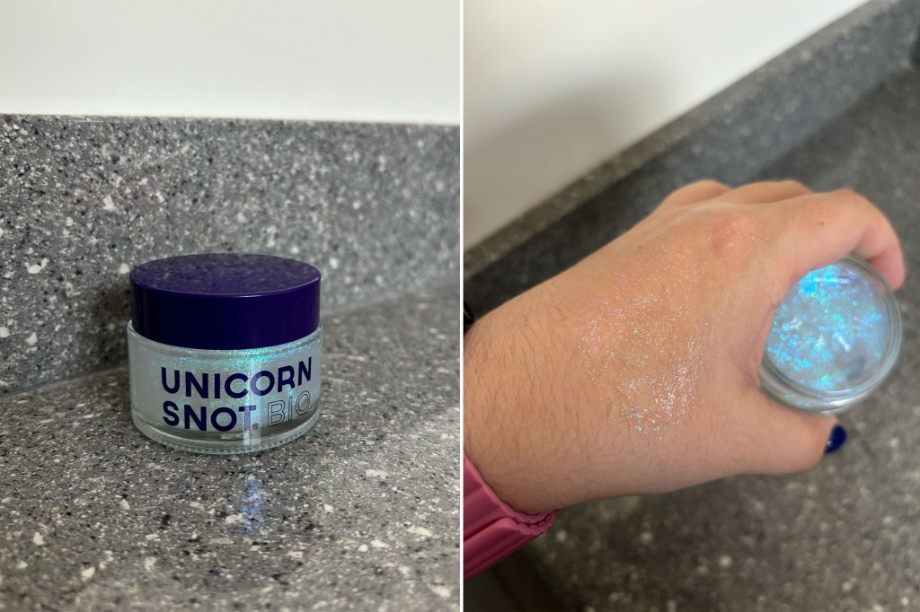 Left: Unicorn Snot glitter; Right: A hand with Unicorn Snot glitter on it.