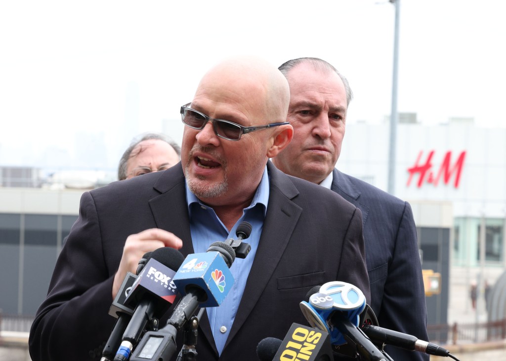 United Federation of Teachers President Michael Mulgrew and S.I. Borough president Vito Fossella at a press conference in Staten Island, NY, discussing a filed lawsuit about congestion pricing in Manhattan.