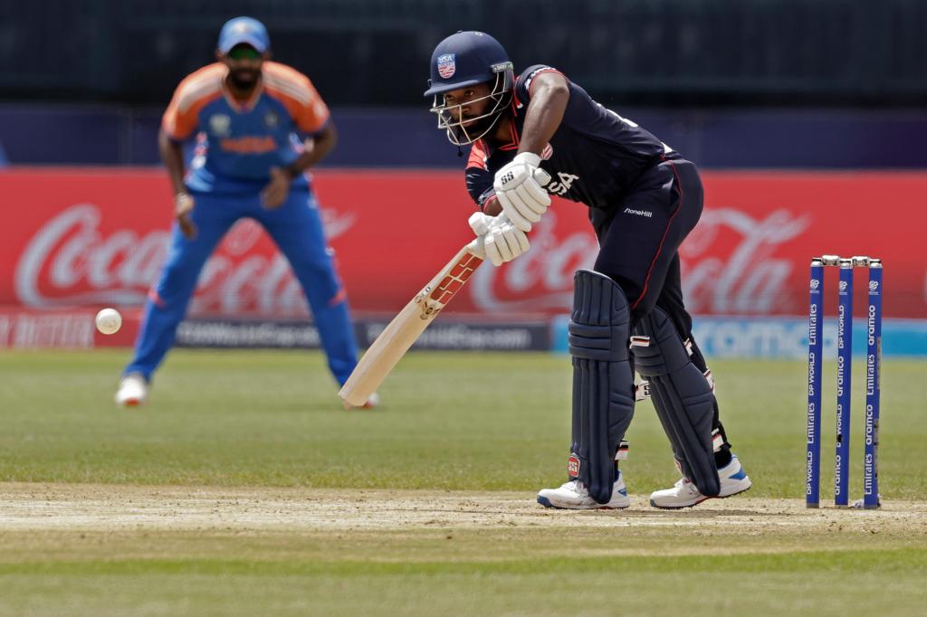 United States' captain Aaron Jones plays a shot during the ICC Men's T20 World Cup cricket match between United States and India at the Nassau County International Cricket Stadium in Westbury, New York, Wednesday, June 12, 2024