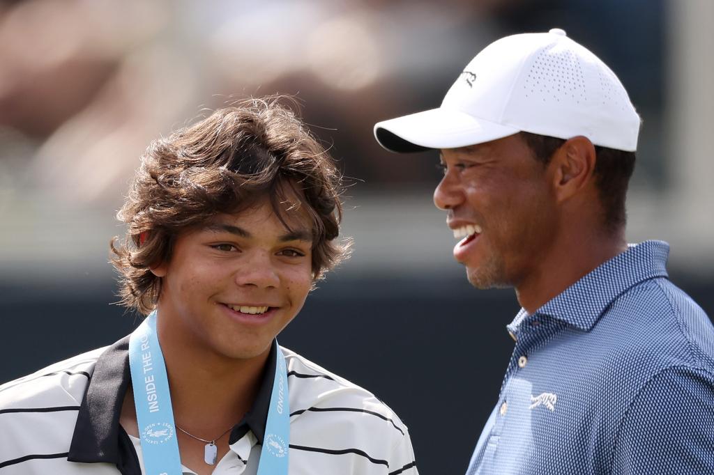 Tiger Woods (r.) and his son Charlie (l.) were all smiles on Monday during a U.S. Open practice round at Pinehurst No. 2.