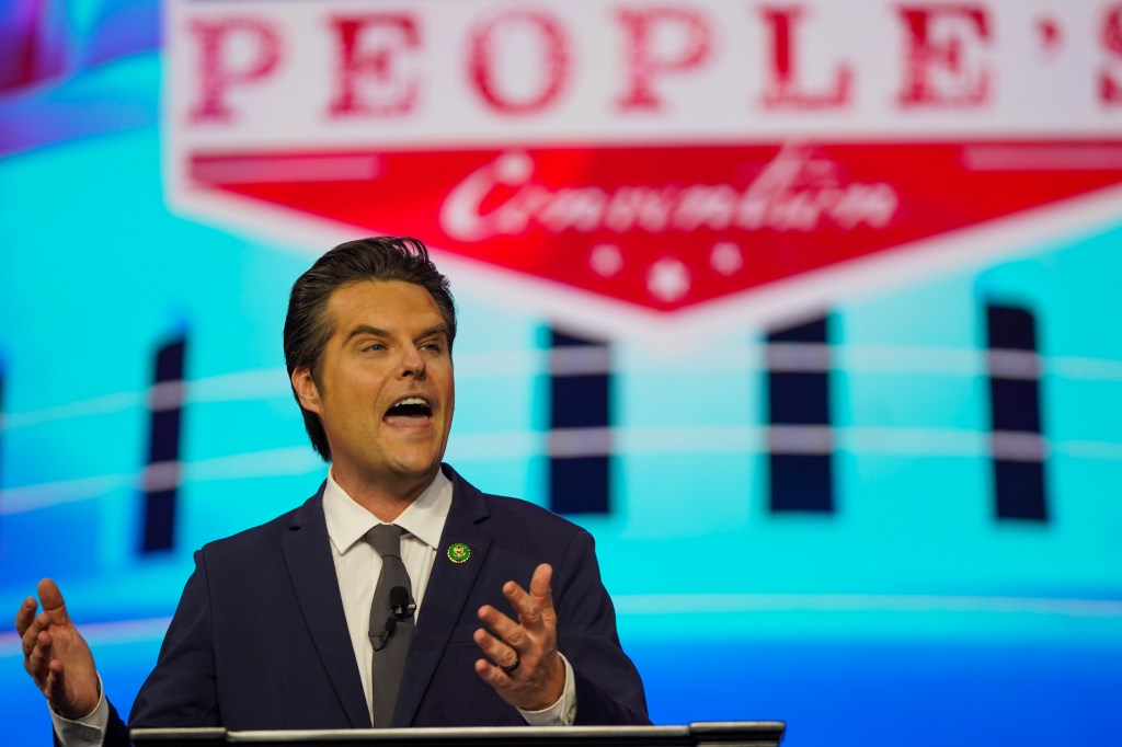 Rep. Matt Gaetz (R-Fla.) speaks at The People's Convention, a gathering of prominent conservatives organized by the political group Turning Point Action, in Detroit, Michigan, USA, 15 June 2024.