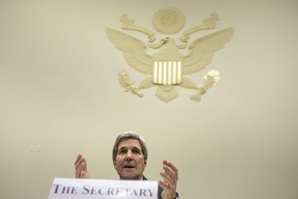 Secretary of State John Kerry speaks during a hearing of the House Foreign Affairs Committee on Capitol Hill February 25, 2015 in Washington, DC.