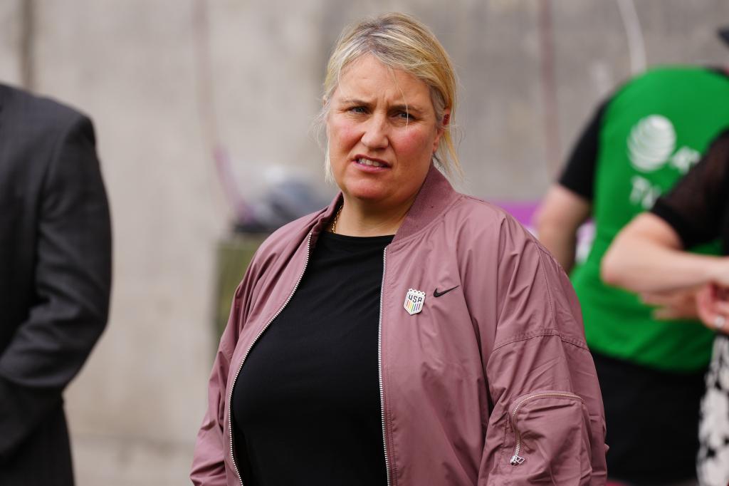 USA womens national head coach, Emma Hayes, in a pink jacket on the soccer field during a match against Korea Republic at Dick's Sporting Goods Park.