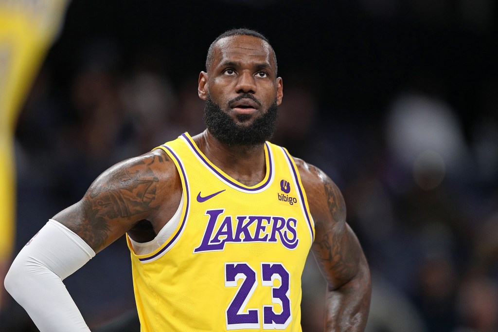 LeBron James #23 of the Los Angeles Lakers looks on during the first half against the Memphis Grizzlies at FedExForum on March 27, 2024 in Memphis, Tennessee.