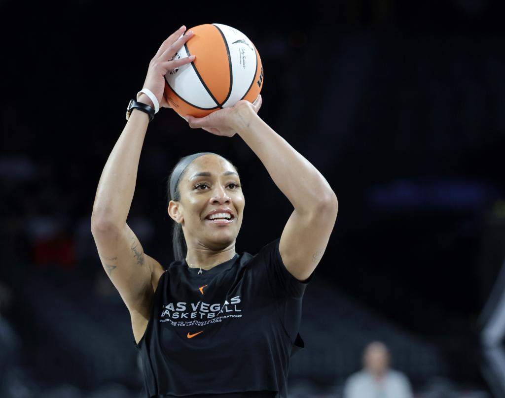 A'ja Wilson, number 22 for the Las Vegas Aces, warming up with a basketball before a game against the Seattle Storm at Michelob ULTRA Arena in Las Vegas, Nevada.