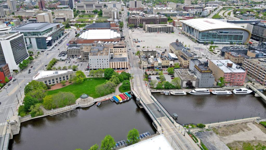 The Republican National Convention will be held at the Fiserv Forum, upper left, the UW-Milwaukee Panther Arena, upper center, and the Baird Center, upper left. 