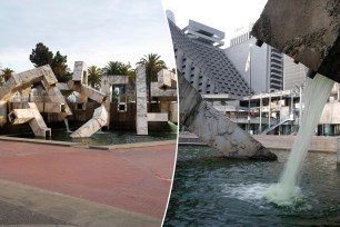 Side by side photos of the Vaillancourt Fountain at Embarcadero Plaza in San Francisco, California.