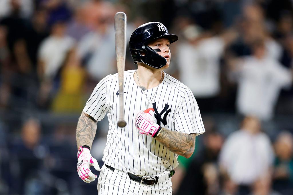 Alex Verdugo #24 of the New York Yankees hits a two-run home run during the eighth inning against the Seattle Mariners at Yankee Stadium on May 22, 2024 in the Bronx borough of New York City. The Yankees won 7-3.