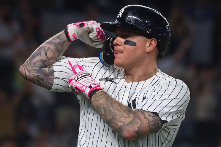 New York Yankees outfielder Alex Verdugo (24) 2-run home run during the eighth inning when the New York Yankees played the Seattle Mariners Wednesday, May 22, 2024 at Yankee Stadium in the Bronx, NY.