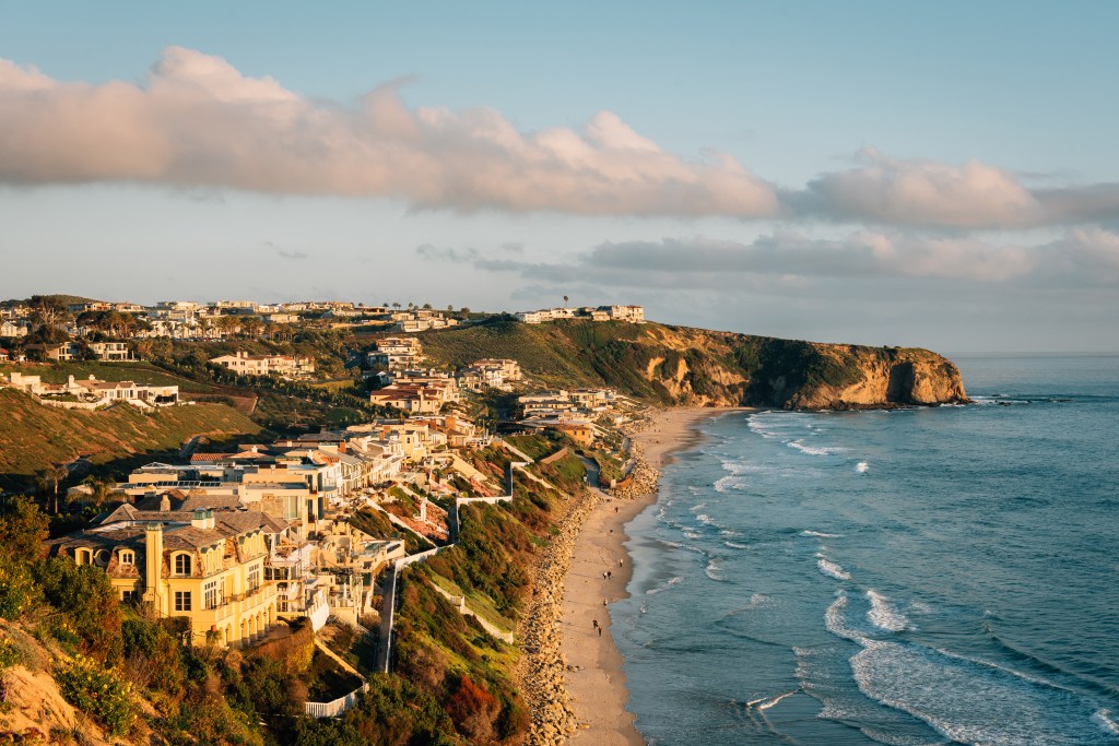 View of cliffs and Strand Beach, in Dana Point, Orange County, California.