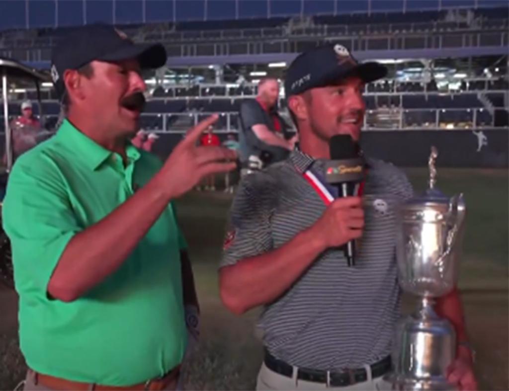 Golf Channel analyst Johnson Wagner attempts to recreate Bryson DeChambeau's 18th hole bunker shot at the U.S. Open on Sunday, June 16, 2024.