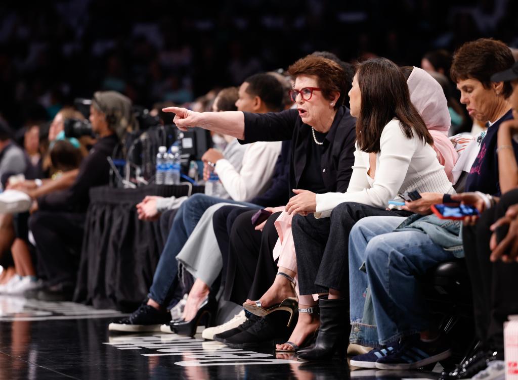 Billie Jean King in reacts courtside during the New York Liberty vs Washington Mystics Round 1 Game 1 of the 2023 WNBA Playoffs