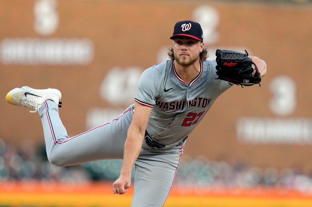 Nationals starting pitcher Jake Irvin throws during the seventh inning of a baseball game against the Detroit Tigers.