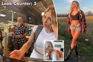 Woman, resembling Antonia Clarke and Loren Gray, filming herself at a supermarket checkout line with focus on a man glanced at her in the background