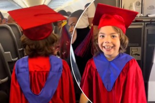 Kid who missed kindergarten graduation walks airplane aisle instead