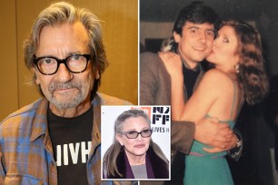 Griffin Dunne and Carrie Fisher both wearing glasses