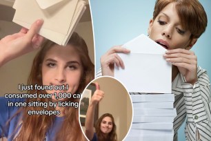 (Left) TikTok user and bride-to-be Chloe Williams holding envelopes. (Right) Woman licking envelopes. (Inset) Williams.