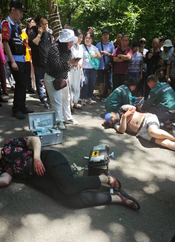 People lie on ground following stabbing. 