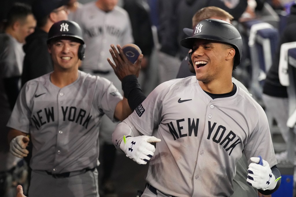 Juan Soto reacts during the Yankees' win against the Blue Jays.