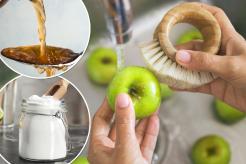 Young Vegan Girl Washing Green Apples with Bamboo Brush. Hand Holding Fresh Fruits Under Running Water in Kitchen Sink. Healthy Lifestyle Hygiene Concept