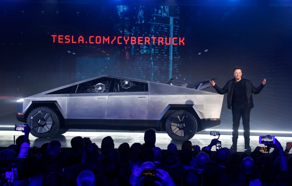 Elon Musk unveiling the Tesla Cybertruck at design studio in Hawthorne, California.