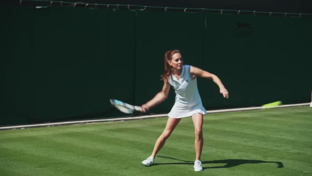 Kate Middleton, the Princess of Wales and tennis champion Roger Federer at Wimbledon, highlighting the role of a Ball Boy or Girl, with Middleton swinging a tennis racket.