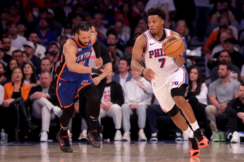 Philadelphia 76ers guard Kyle Lowry (7) dribbling the ball against New York Knicks guard Jalen Brunson (11) during Game 5 of the 2024 NBA playoffs