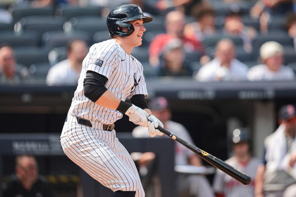 New York Yankees first baseman Ben Rice (93) looks up at his third home run of the game, a three run home run during the seventh inning against the Boston Red Sox at Yankee Stadium.