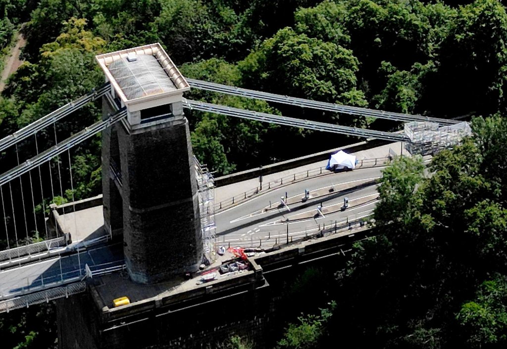 An aerial view of a forensic tent on the Clifton Suspension Bridge in Bristol.