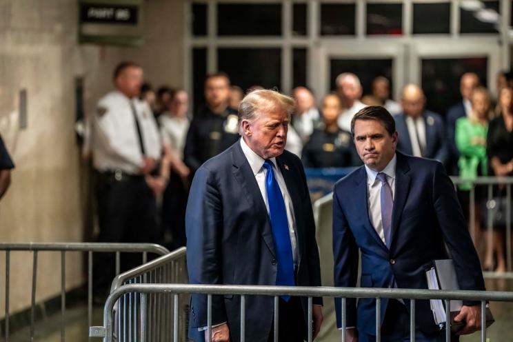 Former President Donald Trump and his attorney Todd Blanche exiting Manhattan Criminal Court and speaking to the media on May 30, 2024