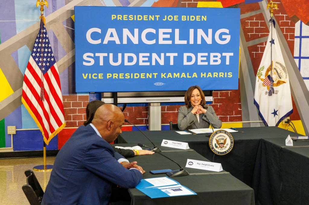 Vice President Kamala Harris visits a William Cramp Elementary School in Philadelphia to promote debt relief on April 8, 2024.