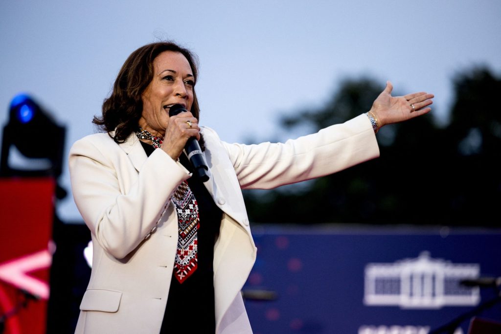 Vice President Kamala Harris speaks during a Fourth of July celebration on the South Lawn of the White House in Washington, DC, USA, on Thursday, July 4, 2024.