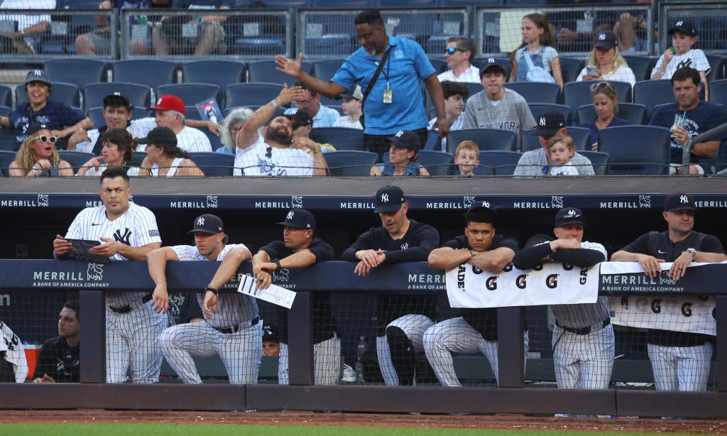New York Yankees bench watch the ninth inning when the New York Yankees played the Baltimore Orioles Thursday, June 20, 2024 at Yankee Stadium in the Bronx, NY. 