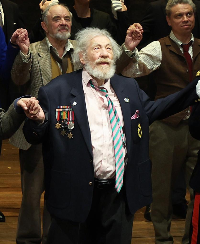 Sir Ian McKellen bows at the curtain call during the press night performance of "Player Kings" at the Noel Coward Theatre on April 11, 2024 in London, England.