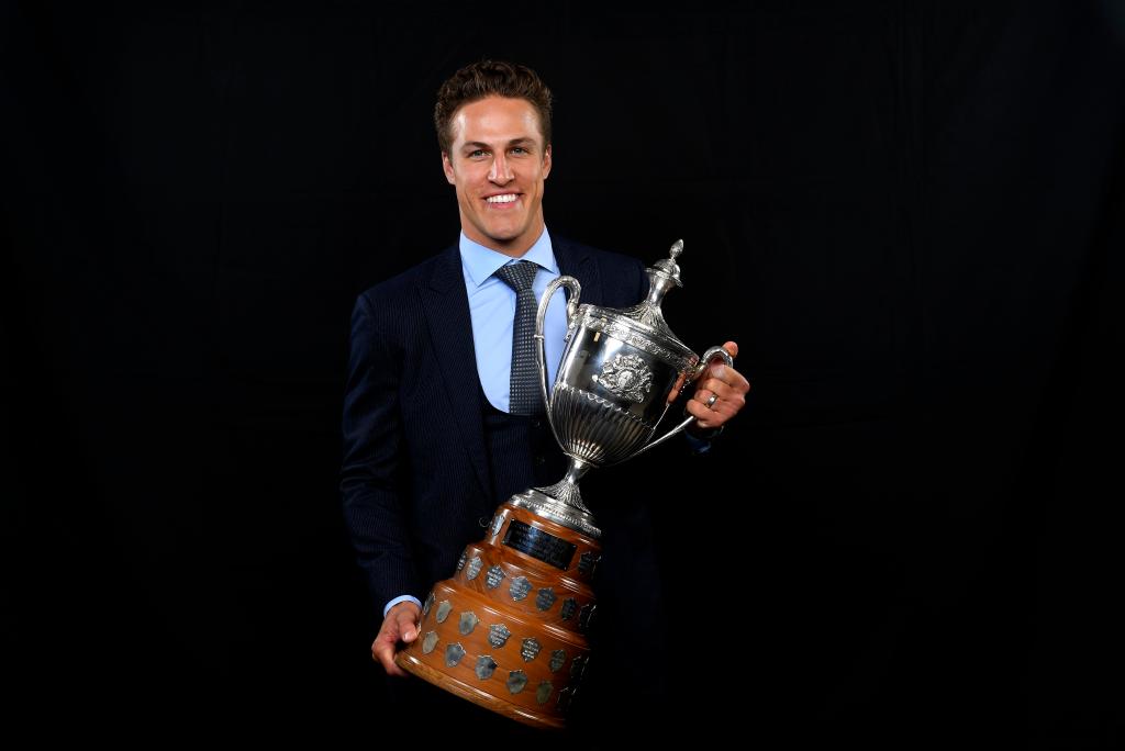 Anders Lee of the New York Islanders poses for a portrait with the King Clancy Memorial Trophy during the 2024 NHL Awards at Fontainebleau Las Vegas on June 27, 2024 in Las Vegas, Nevada
