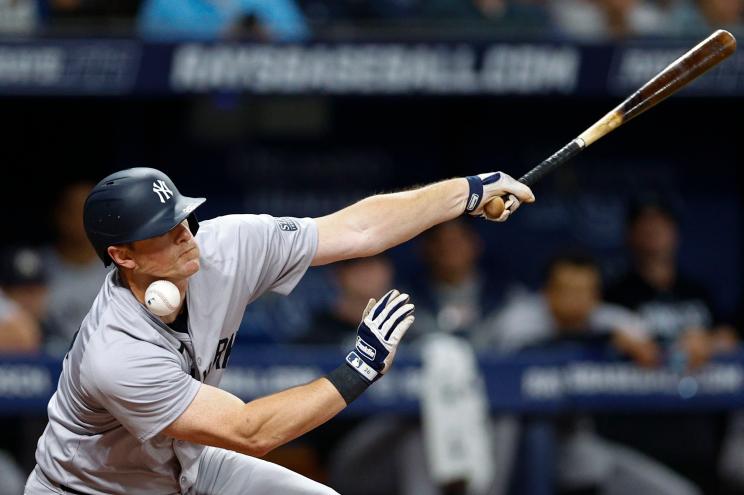 DJ LeMahieu #26 of the New York Yankees is struck by his foul ball in the sixth inning against the Tampa Bay Rays at Tropicana Field on July 10, 2024 in St Petersburg, Florida.