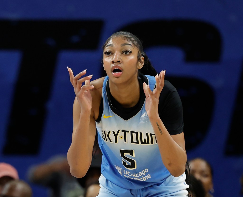 Chicago Sky forward Angel Reese (5) reacts during the first half of a WNBA game against the New York Liberty.