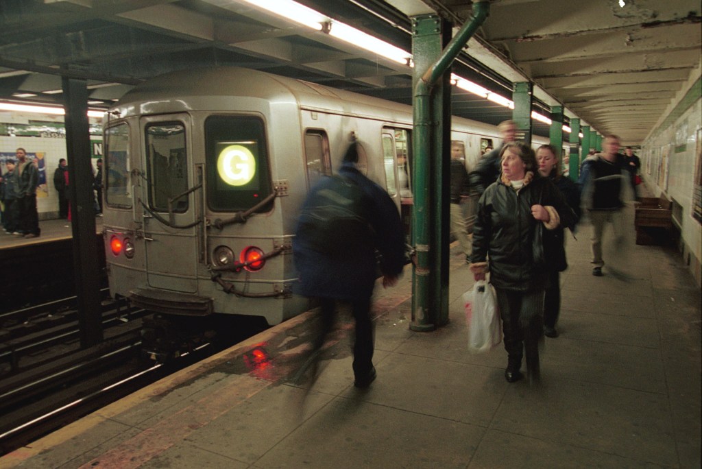 Subway riders exit the G train at Nassaau Ave. and Manhattan Ave. in Greenpoint Brooklyn. 