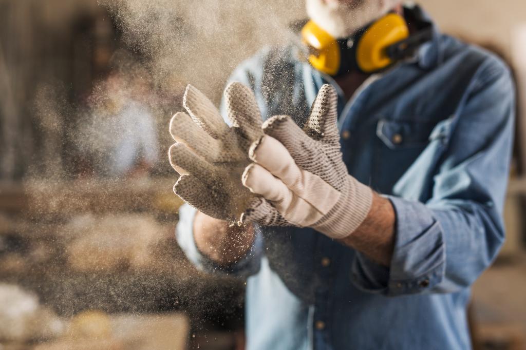 Unrecognizable male hands with work gloves on, clapping to remove sawdust