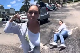 Enraged Florida woman goes ballistic in parking lot, swings at YouTuber filming and is knocked to the ground